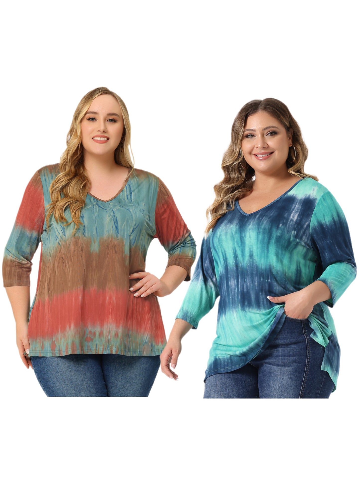 [PACK SALES] Women's Plus Size 2 Piece Tye Dye T-shirt Side Slit Casual Stripe V Neck 3/4 Sleeve Tunic Top