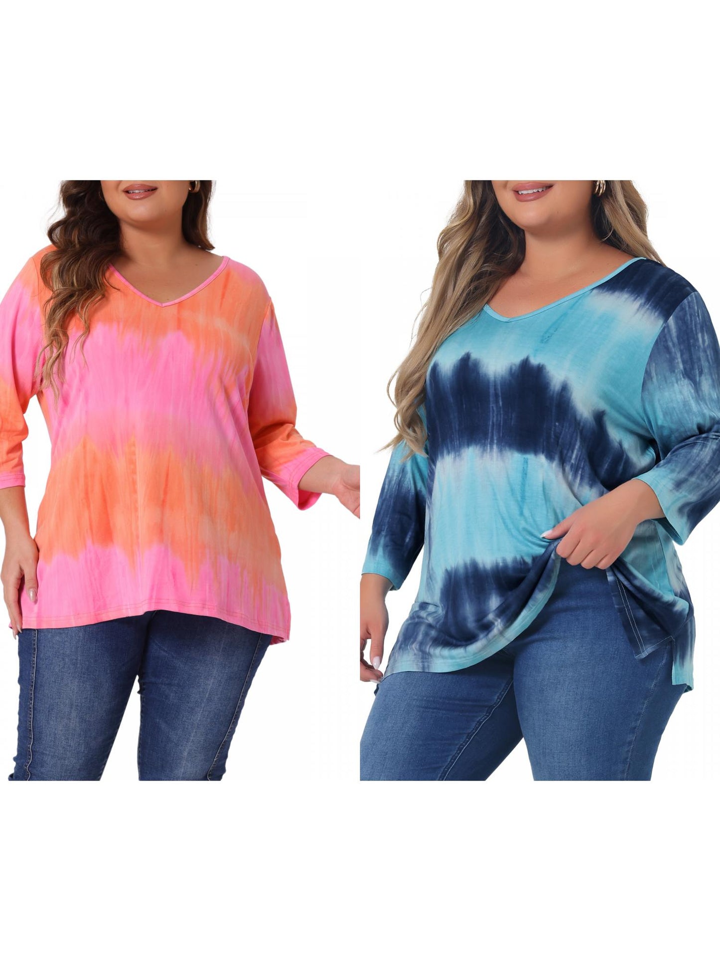 [PACK SALES] Women's Plus Size 2 Piece Tye Dye T-shirt Side Slit Casual Stripe V Neck 3/4 Sleeve Tunic Top