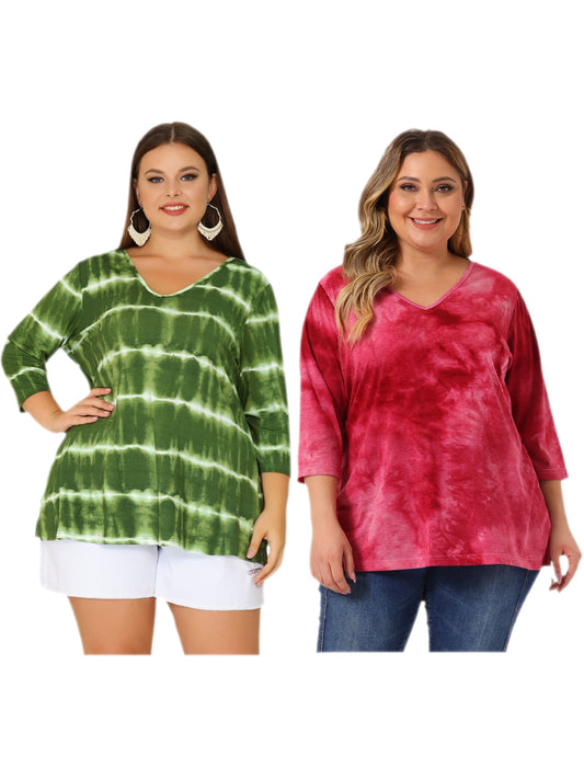 [PACK SALES] Women's Plus Size 2 Piece Tye Dye T-shirt Side Slit Casual Stripe V Neck 3/4 Sleeve Tunic Top