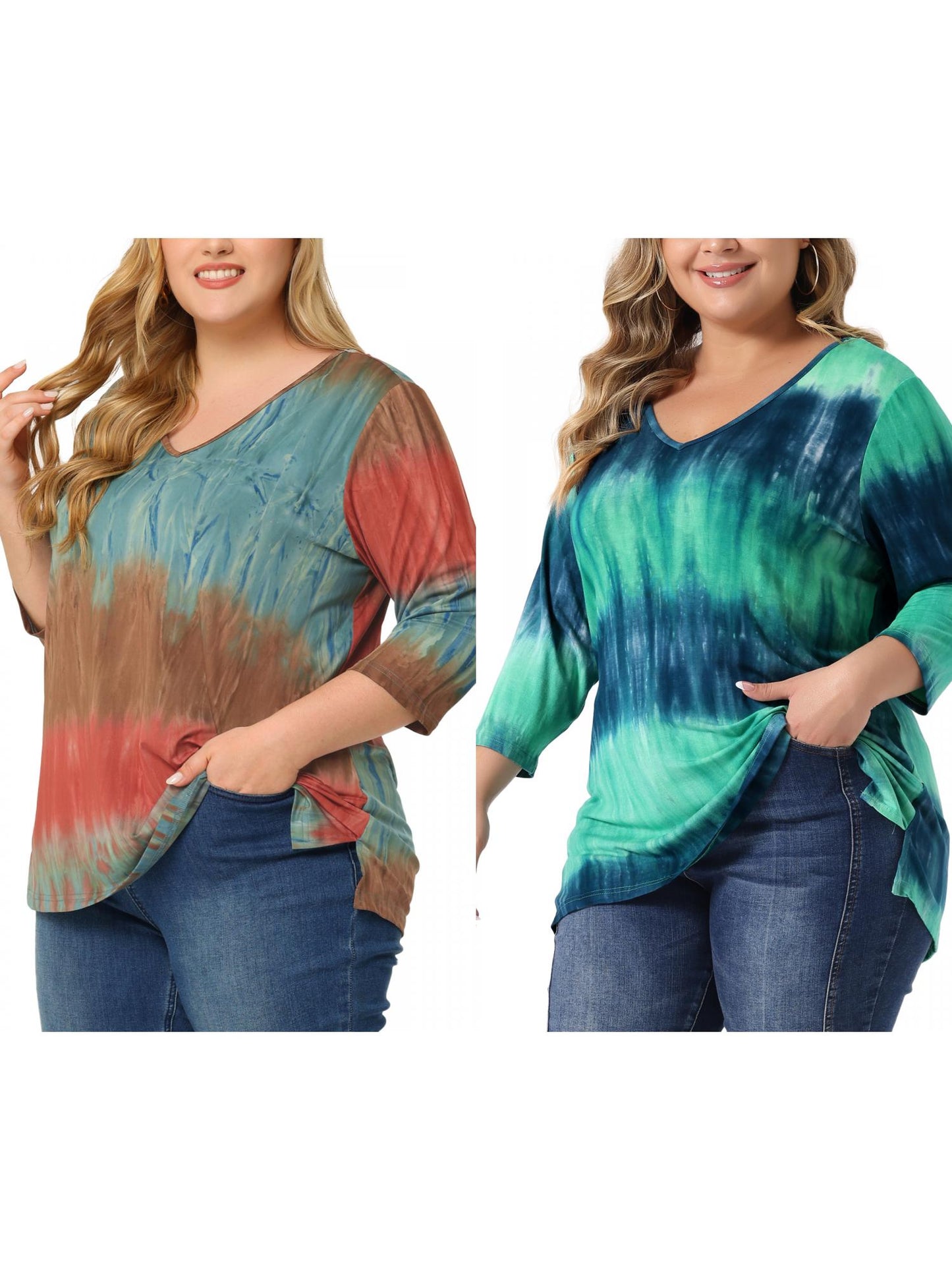 [PACK SALES] Women's Plus Size 2 Piece Tye Dye T-shirt Side Slit Casual Stripe V Neck 3/4 Sleeve Tunic Top