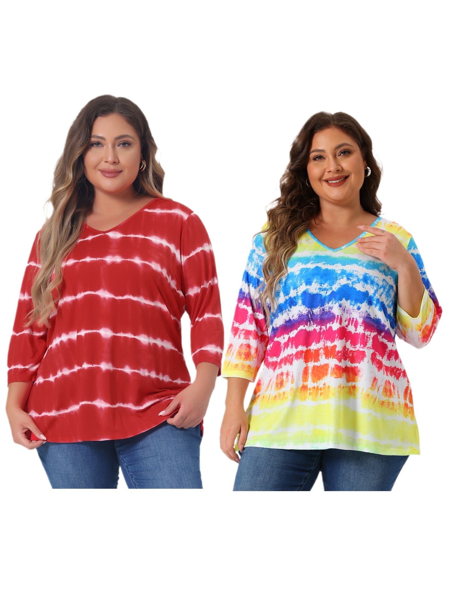 [PACK SALES] Women's Plus Size 2 Piece Tye Dye T-shirt Side Slit Casual Stripe V Neck 3/4 Sleeve Tunic Top