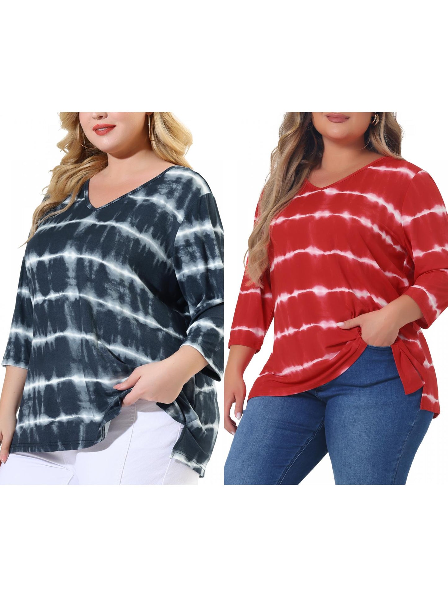 [PACK SALES] Women's Plus Size 2 Piece Tye Dye T-shirt Side Slit Casual Stripe V Neck 3/4 Sleeve Tunic Top