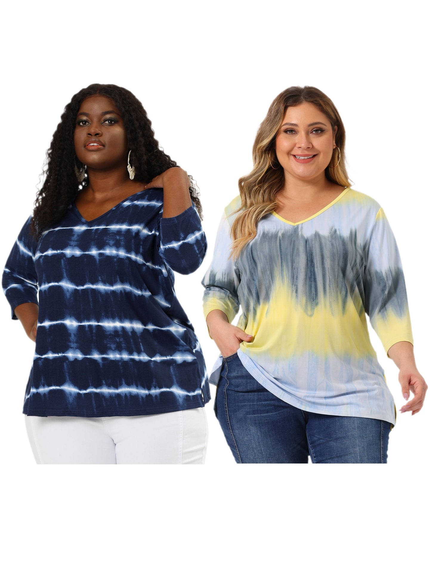 [PACK SALES] Women's Plus Size 2 Piece Tye Dye T-shirt Side Slit Casual Stripe V Neck 3/4 Sleeve Tunic Top