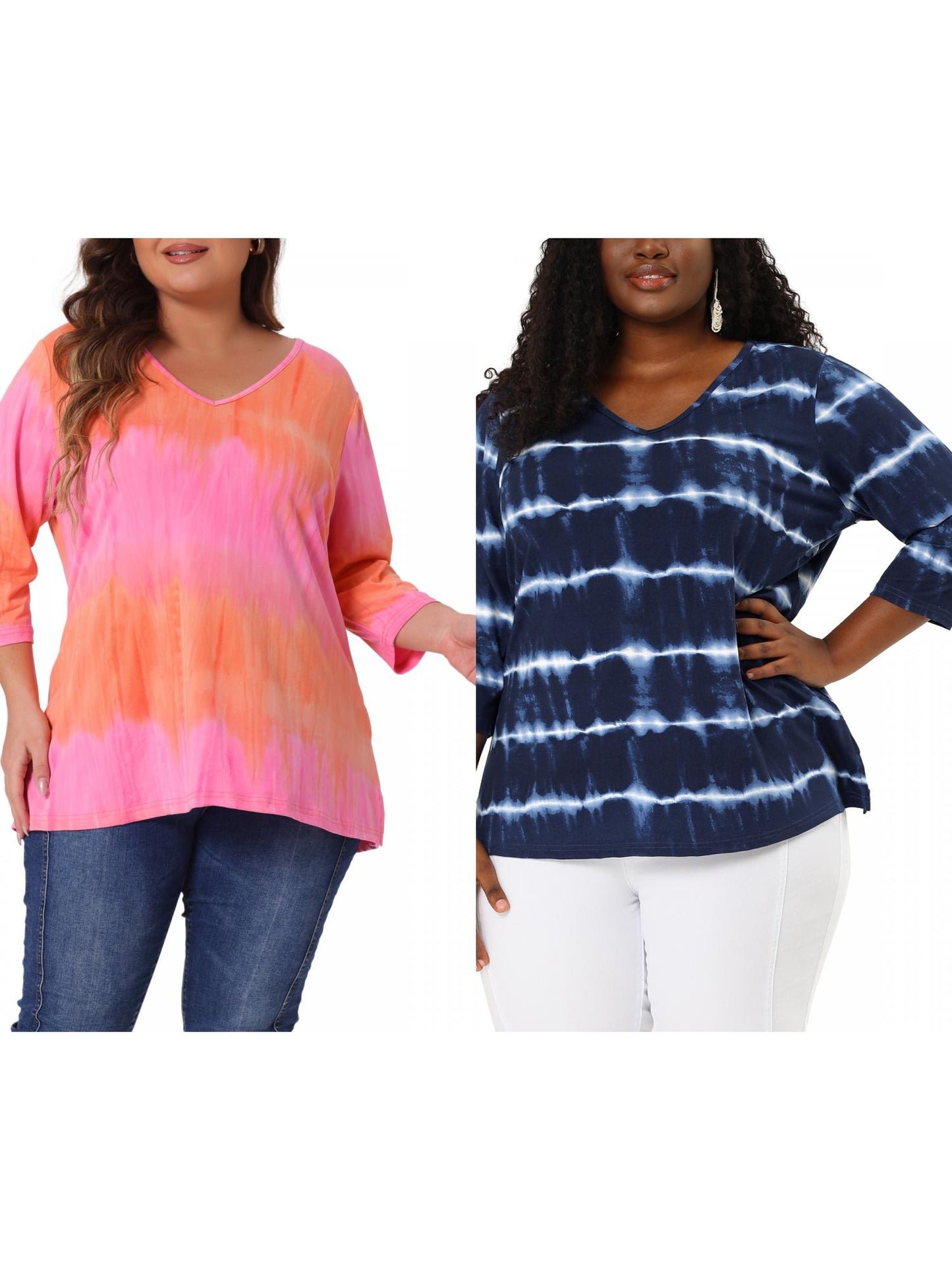 [PACK SALES] Women's Plus Size 2 Piece Tye Dye T-shirt Side Slit Casual Stripe V Neck 3/4 Sleeve Tunic Top