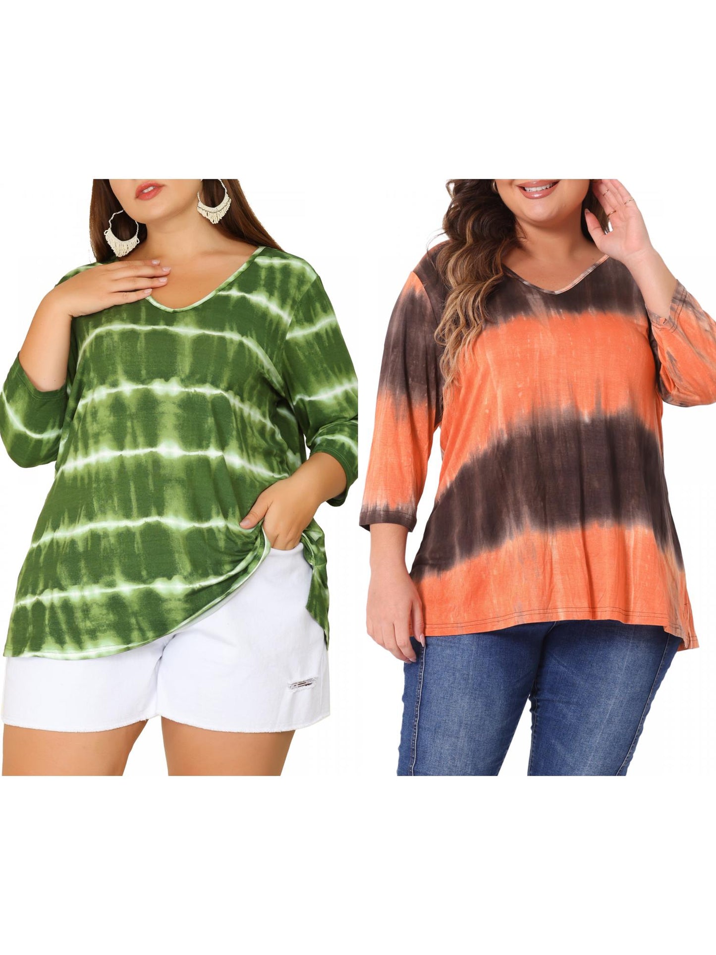 [PACK SALES] Women's Plus Size 2 Piece Tye Dye T-shirt Side Slit Casual Stripe V Neck 3/4 Sleeve Tunic Top