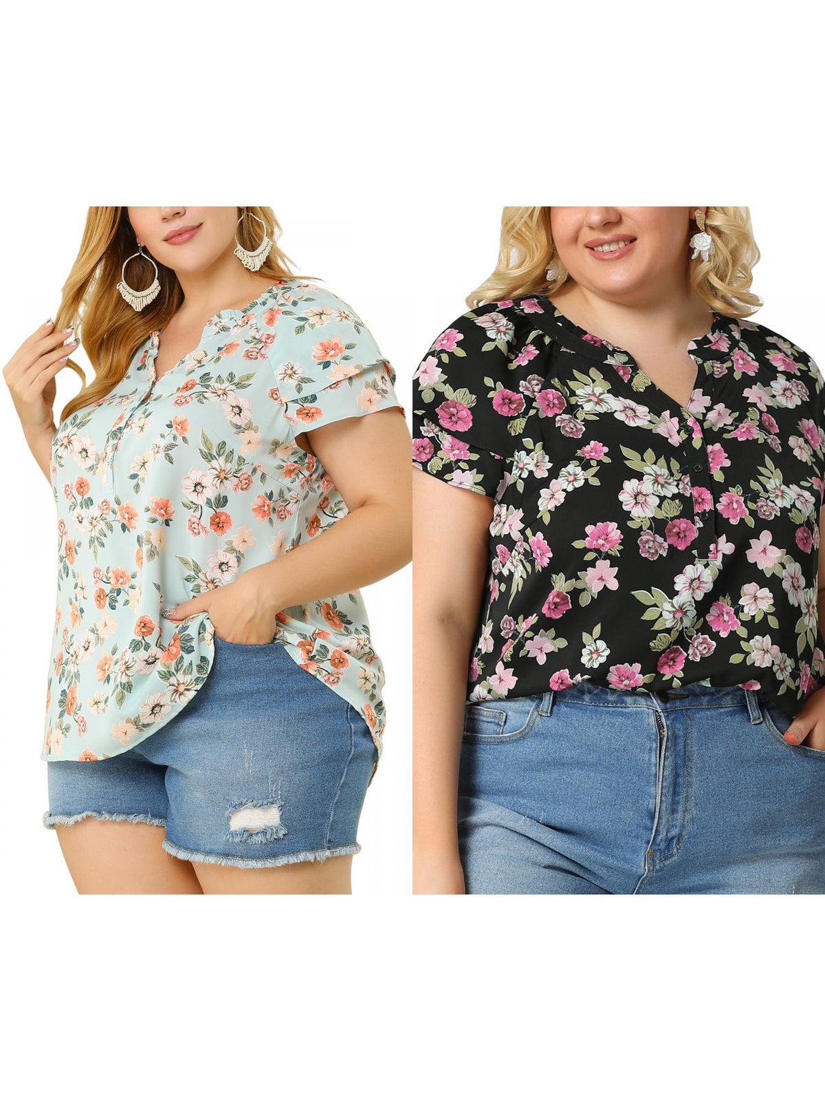 [PACK SALES] Women's Plus Size 2 Piece Floral Tops Ruffle Trim Notched Neck Buttons Layered Short Sleeve Casual Blouse