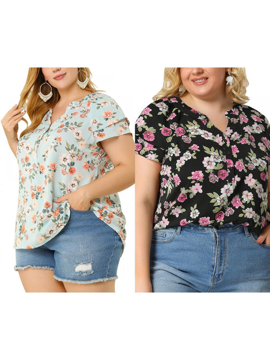 [PACK SALES] Women's Plus Size 2 Piece Floral Tops Ruffle Trim Notched Neck Buttons Layered Short Sleeve Casual Blouse