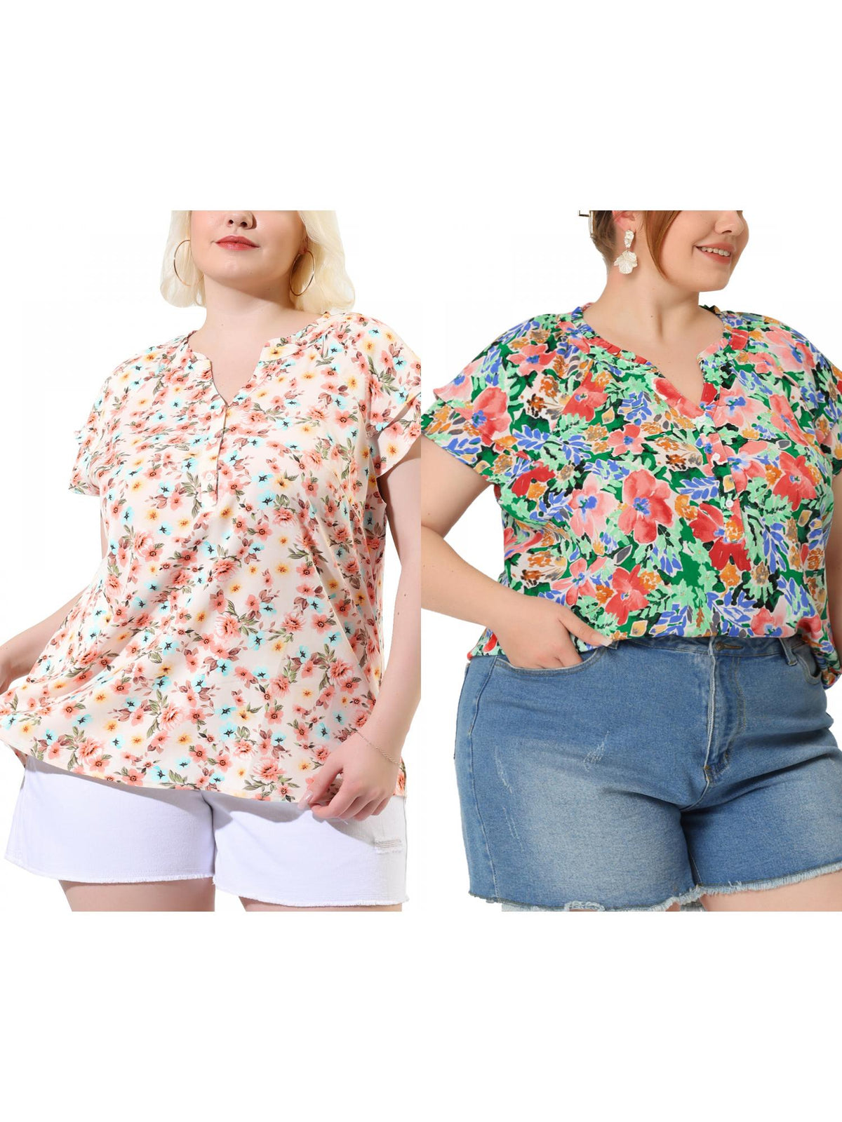 [PACK SALES] Women's Plus Size 2 Piece Floral Tops Ruffle Trim Notched Neck Buttons Layered Short Sleeve Casual Blouse