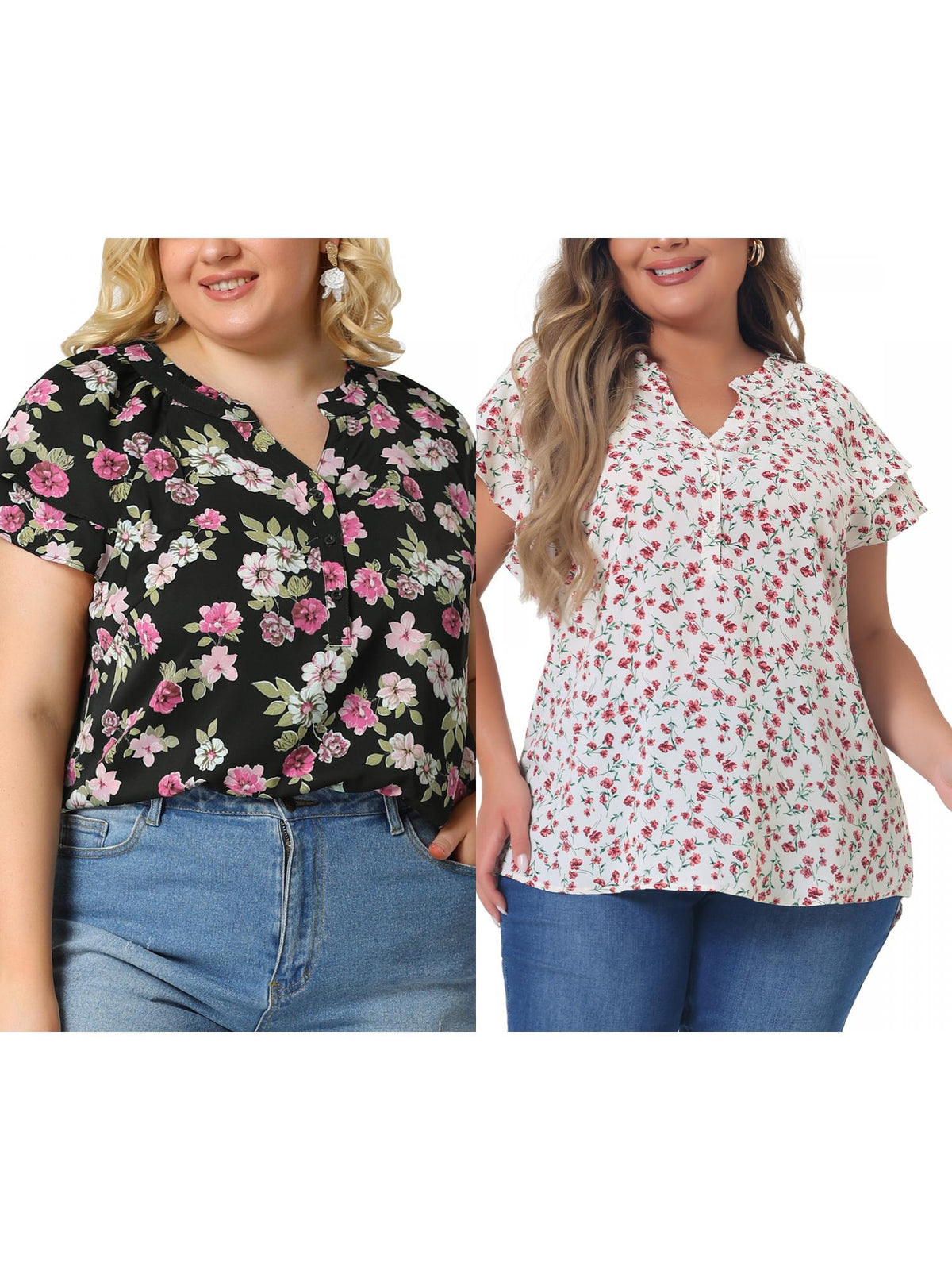 [PACK SALES] Women's Plus Size 2 Piece Floral Tops Ruffle Trim Notched Neck Buttons Layered Short Sleeve Casual Blouse