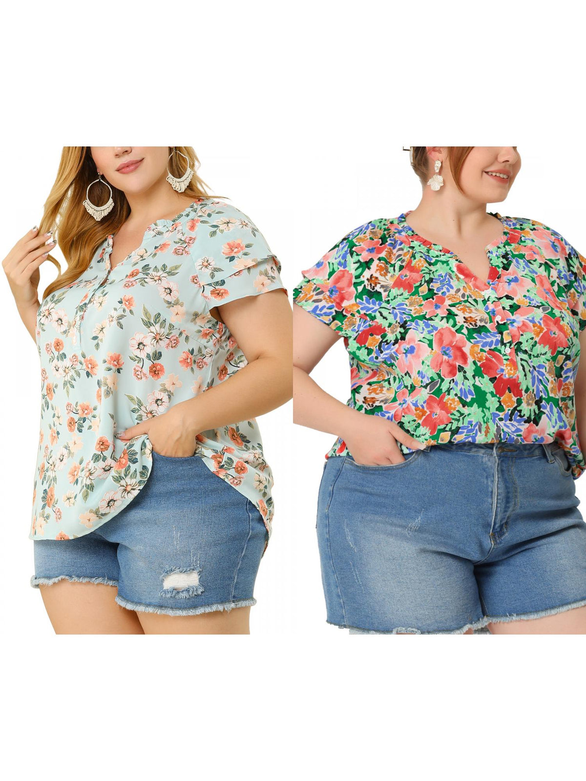 [PACK SALES] Women's Plus Size 2 Piece Floral Tops Ruffle Trim Notched Neck Buttons Layered Short Sleeve Casual Blouse
