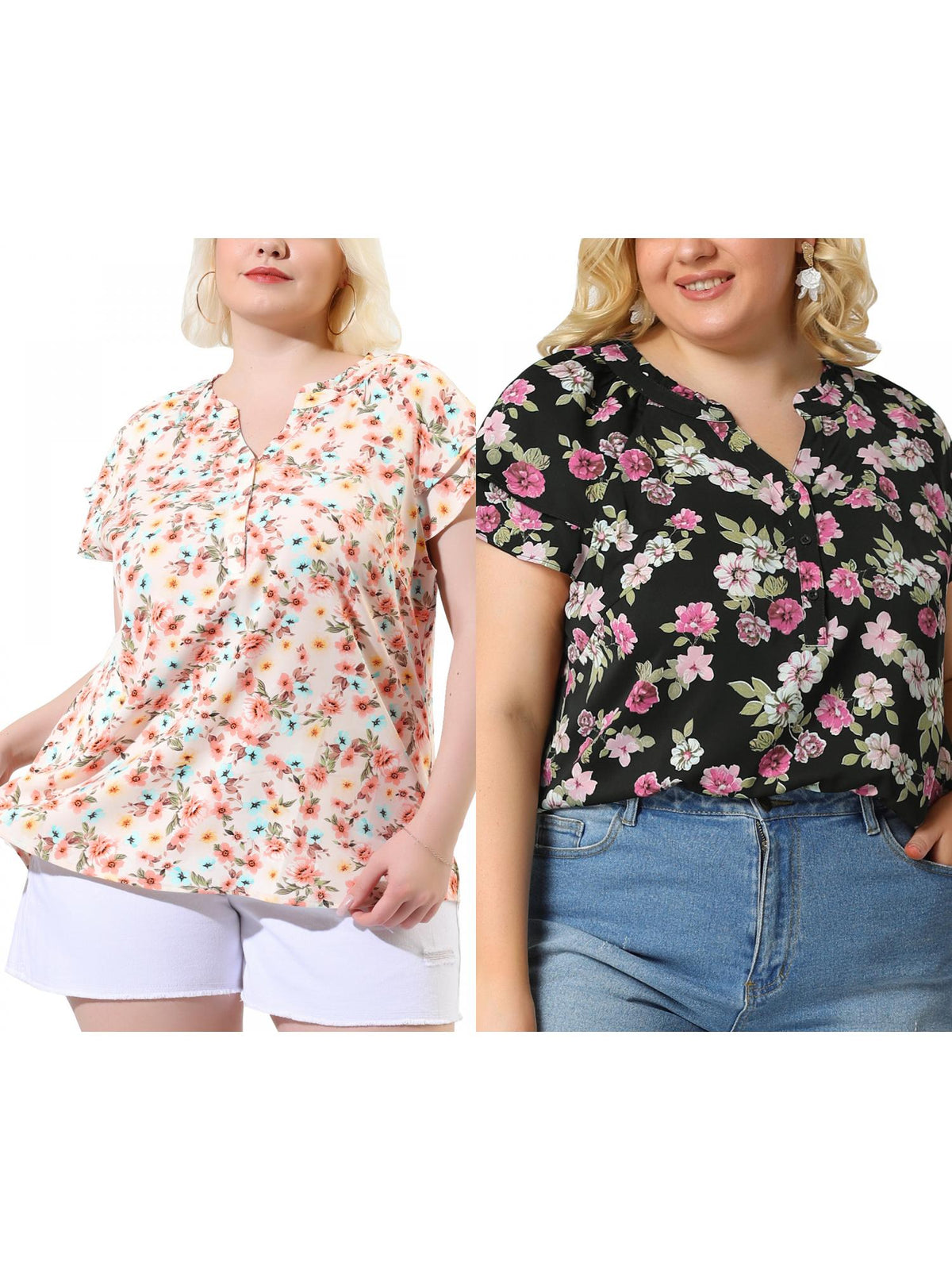 [PACK SALES] Women's Plus Size 2 Piece Floral Tops Ruffle Trim Notched Neck Buttons Layered Short Sleeve Casual Blouse