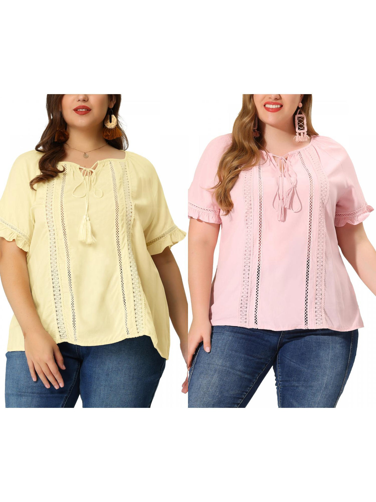 [PACK SALES] Women's Plus Size 2 Pieces Fringed Blouse Self Tie Neck Lace Hollow Out Ruffle Short Sleeve Summer Casual Tops