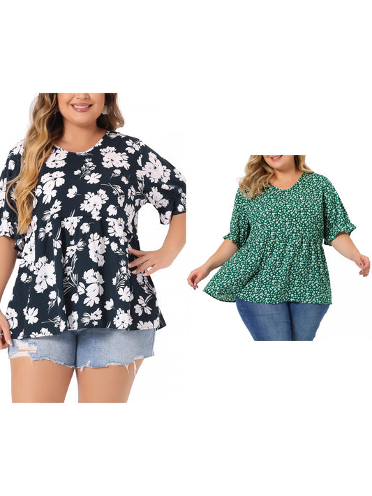 [PACK SALES] Women's Plus Size 2 Pieces Floral Tops Summer V Neck Ruffle Short Sleeve Casual Tiered Babydoll Blouses