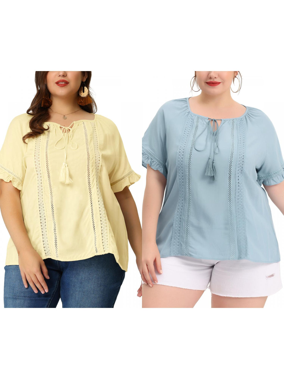 [PACK SALES] Women's Plus Size 2 Pieces Fringed Blouse Self Tie Neck Lace Hollow Out Ruffle Short Sleeve Summer Casual Tops