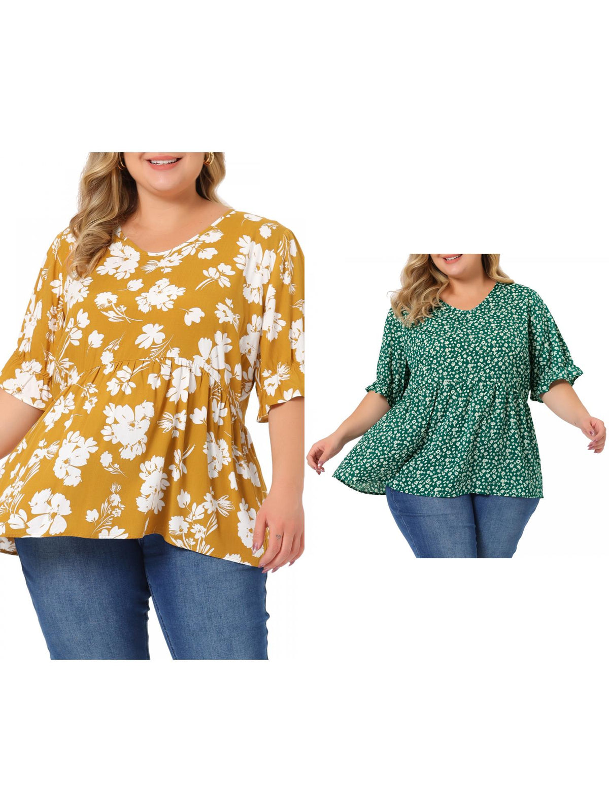 [PACK SALES] Women's Plus Size 2 Pieces Floral Tops Summer V Neck Ruffle Short Sleeve Casual Tiered Babydoll Blouses