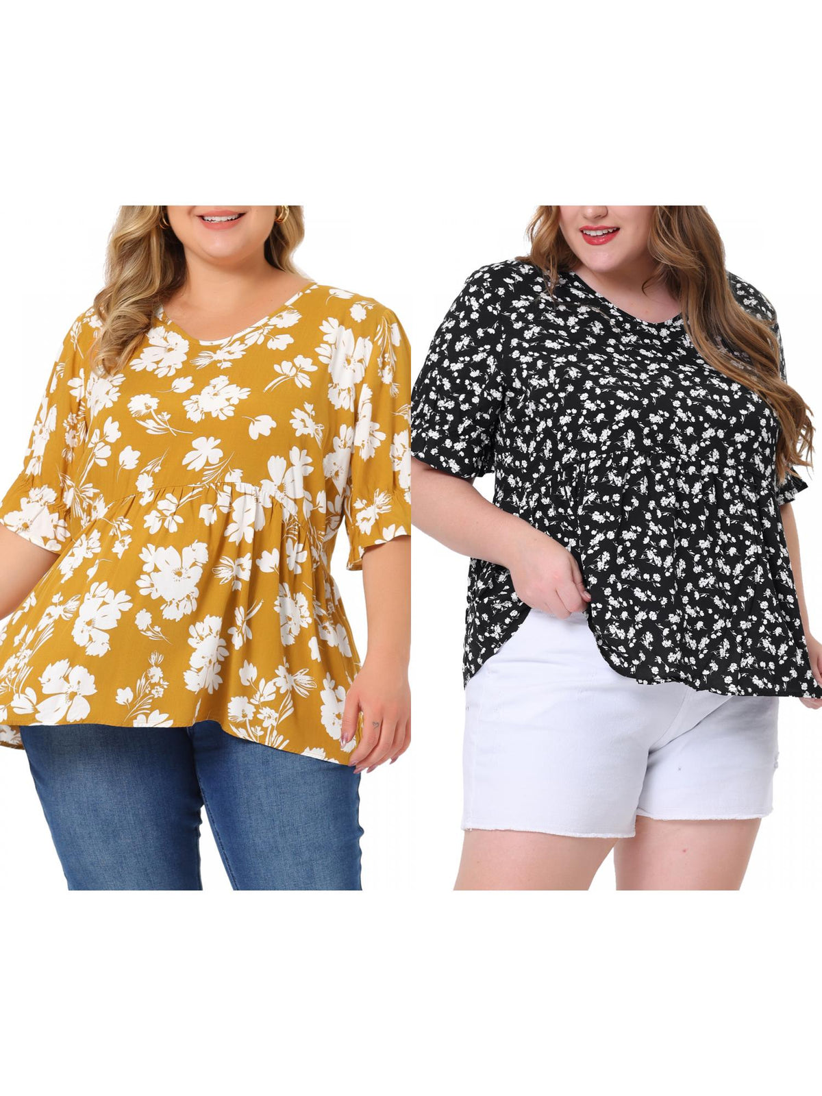 [PACK SALES] Women's Plus Size 2 Pieces Floral Tops Summer V Neck Ruffle Short Sleeve Casual Tiered Babydoll Blouses
