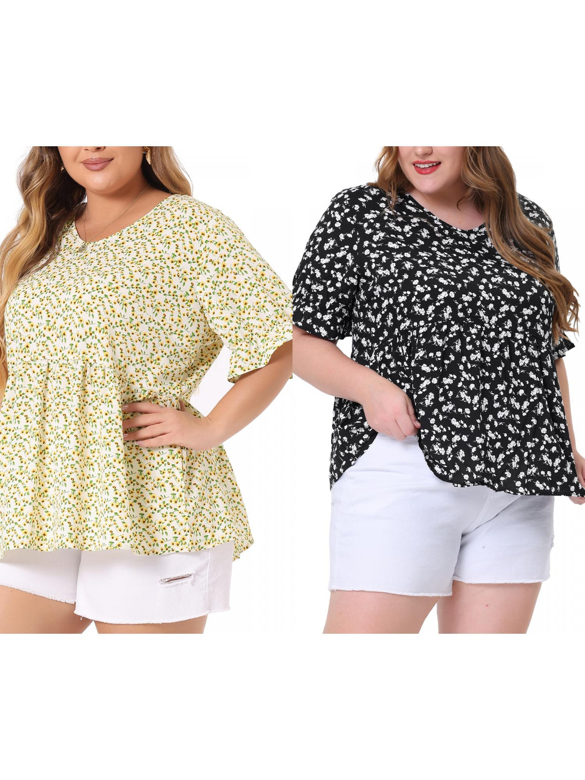 [PACK SALES] Women's Plus Size 2 Pieces Floral Tops Summer V Neck Ruffle Short Sleeve Casual Tiered Babydoll Blouses