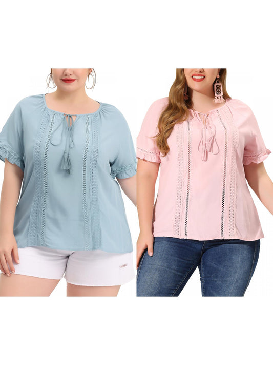 [PACK SALES] Women's Plus Size 2 Pieces Fringed Blouse Self Tie Neck Lace Hollow Out Ruffle Short Sleeve Summer Casual Tops