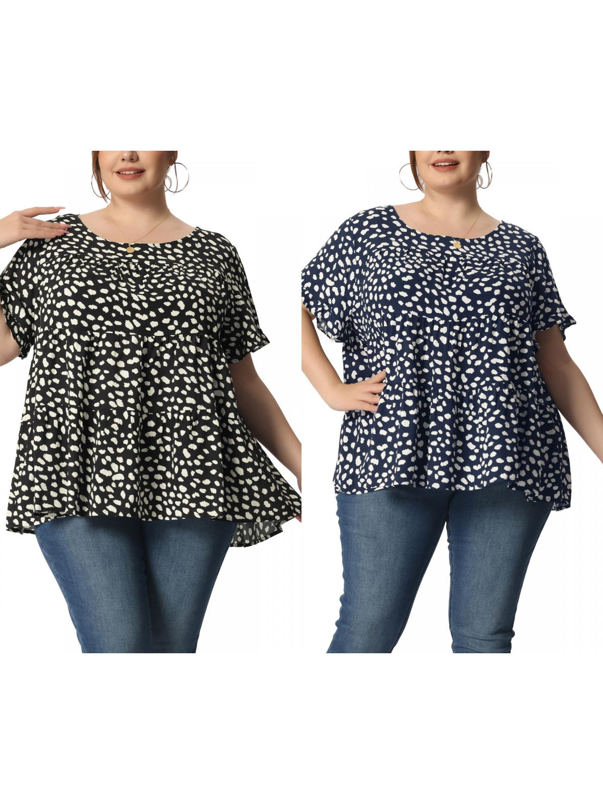 [PACK SALES] Women's Plus Size 2 Pieces Polka Dots Blouses Summer Round Neck Ruffle Sleeve Casual Tiered Peplum Top