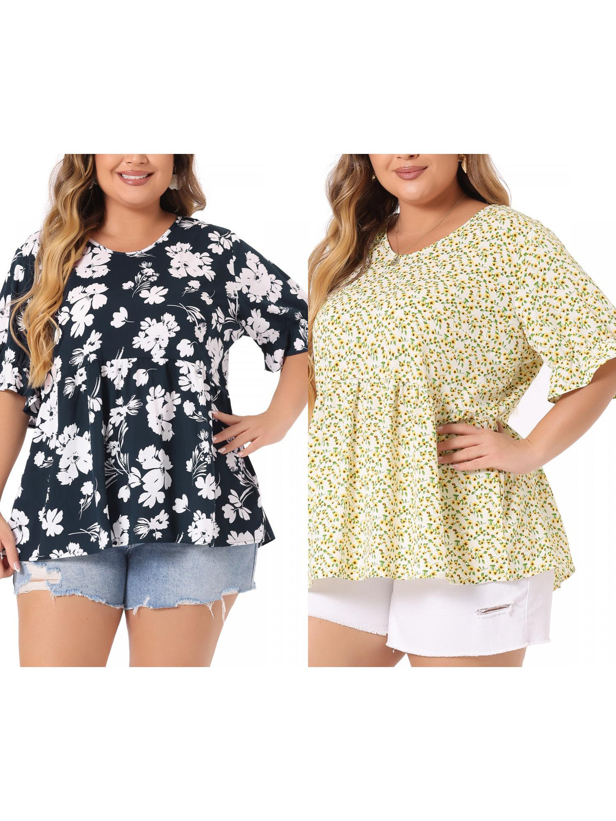 [PACK SALES] Women's Plus Size 2 Pieces Floral Tops Summer V Neck Ruffle Short Sleeve Casual Tiered Babydoll Blouses