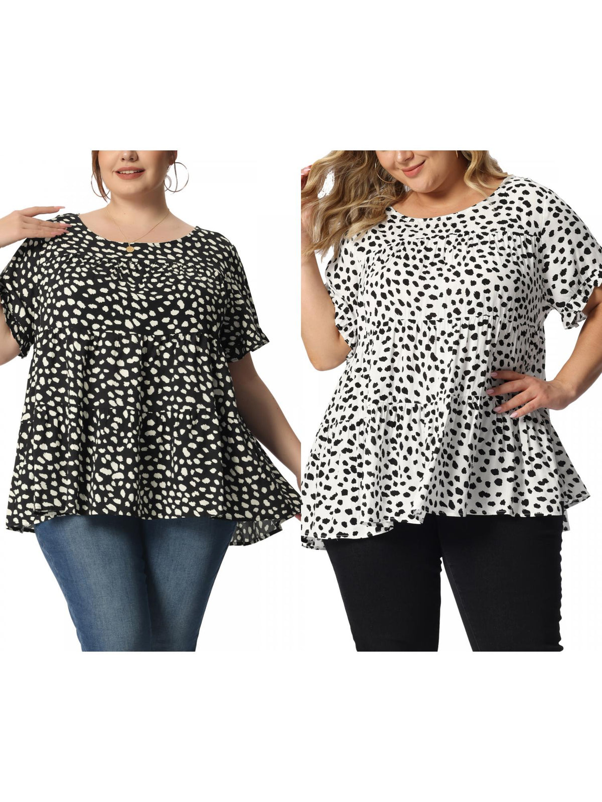 [PACK SALES] Women's Plus Size 2 Pieces Polka Dots Blouses Summer Round Neck Ruffle Sleeve Casual Tiered Peplum Top