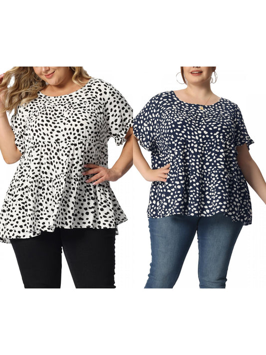 [PACK SALES] Women's Plus Size 2 Pieces Polka Dots Blouses Summer Round Neck Ruffle Sleeve Casual Tiered Peplum Top