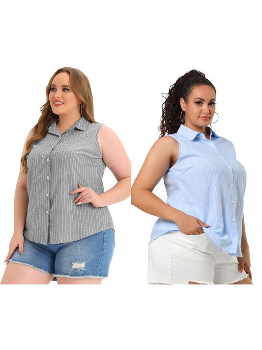 [PACK SALES] Women's Plus Size 2 Pieces Striped Summer Tops Lapel Sleeveless Button Down Casual Shirts