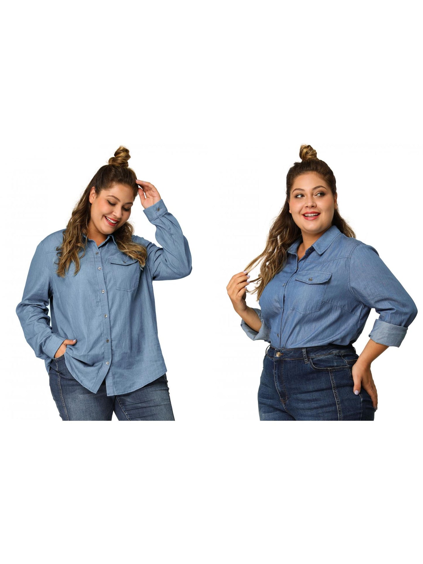 [PACK SALES] Women's Plus Size 2 Piece Denim Chambray Shirt Stripe Long Sleeve Chest Pocket Casual Button Up