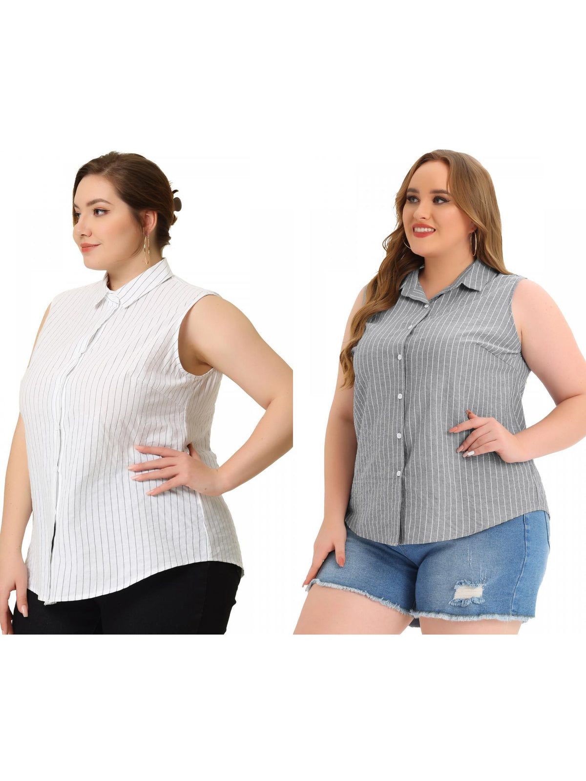 [PACK SALES] Women's Plus Size 2 Pieces Striped Summer Tops Lapel Sleeveless Button Down Casual Shirts