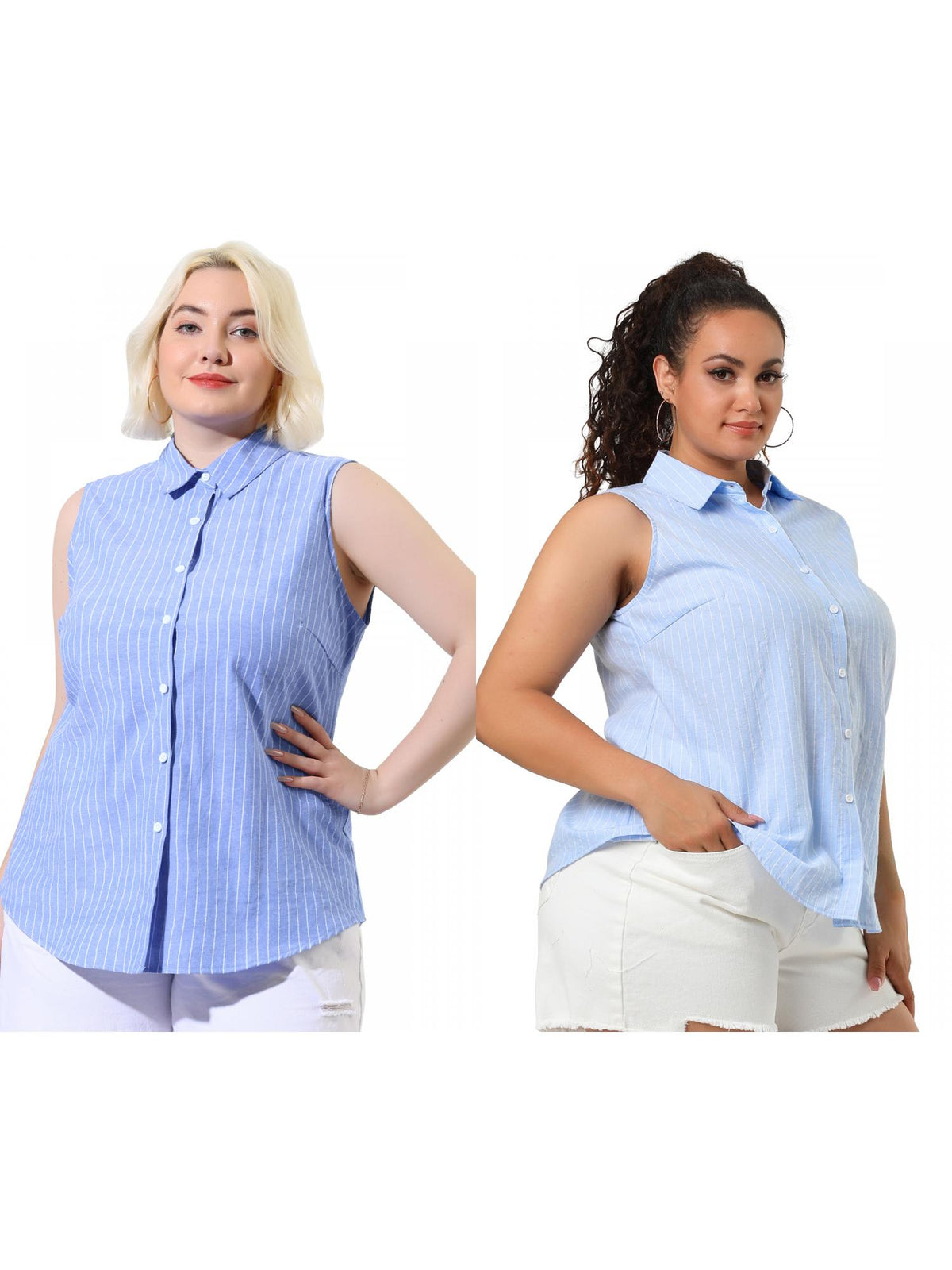 [PACK SALES] Women's Plus Size 2 Pieces Striped Summer Tops Lapel Sleeveless Button Down Casual Shirts