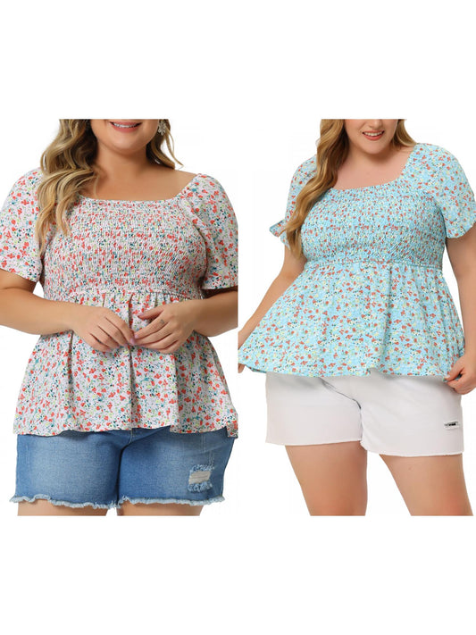 [PACK SALES] Women's Plus Size 2 Piece Casual Floral Blouses Square Neck Smocked Bow Tie Short Sleeve Summer Babydoll Tops
