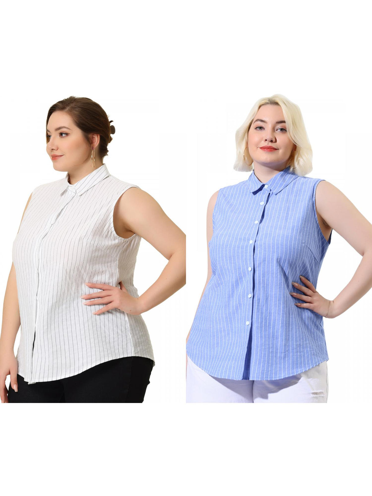 [PACK SALES] Women's Plus Size 2 Pieces Striped Summer Tops Lapel Sleeveless Button Down Casual Shirts