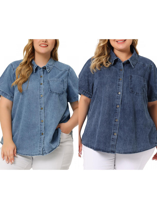 [PACK SALES] Women's Plus Size 2 Pieces Denim Shirt Jean Western Short Sleeve Casual Button Down Tops with Pocket