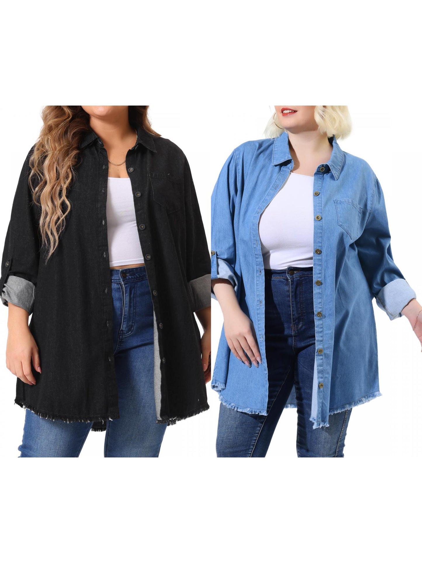 [PACK SALES] Women's Plus Size 2 Pieces Denim Chambray Jackets Shirts Lapel Long Sleeve Casual Button Down Tops Wiht Chest Pocket