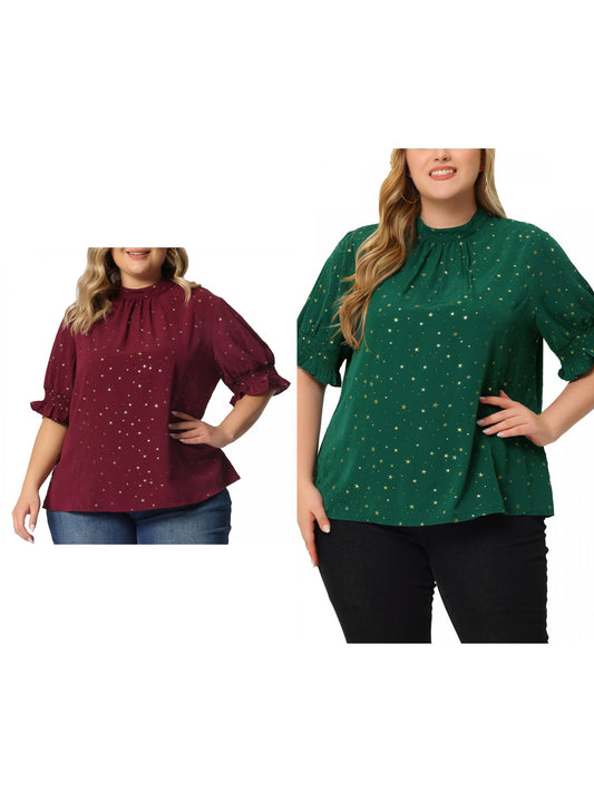 [PACK SALES] Women's Plus Size 2 Piece Star Print Tops Sparkly Pleated Mock Neck Puff Sleeve Casual Blouse