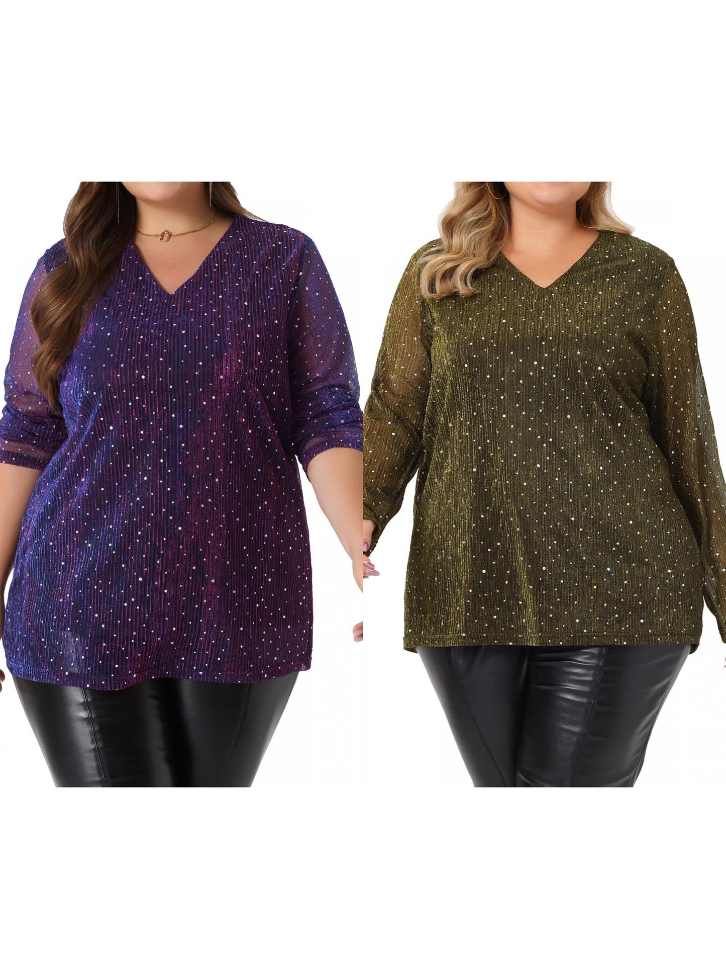 [PACK SALES] Women's Plus Size 2 Pieces Sequin Top Sparkly Glitter Long Sheer Sleeve V Neck Casual Rhinestone Pullover
