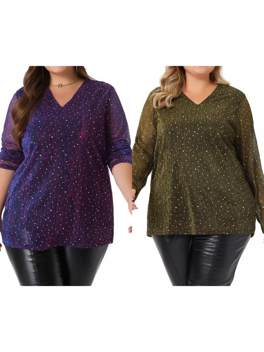 [PACK SALES] Women's Plus Size 2 Pieces Sequin Top Sparkly Glitter Long Sheer Sleeve V Neck Casual Rhinestone Pullover