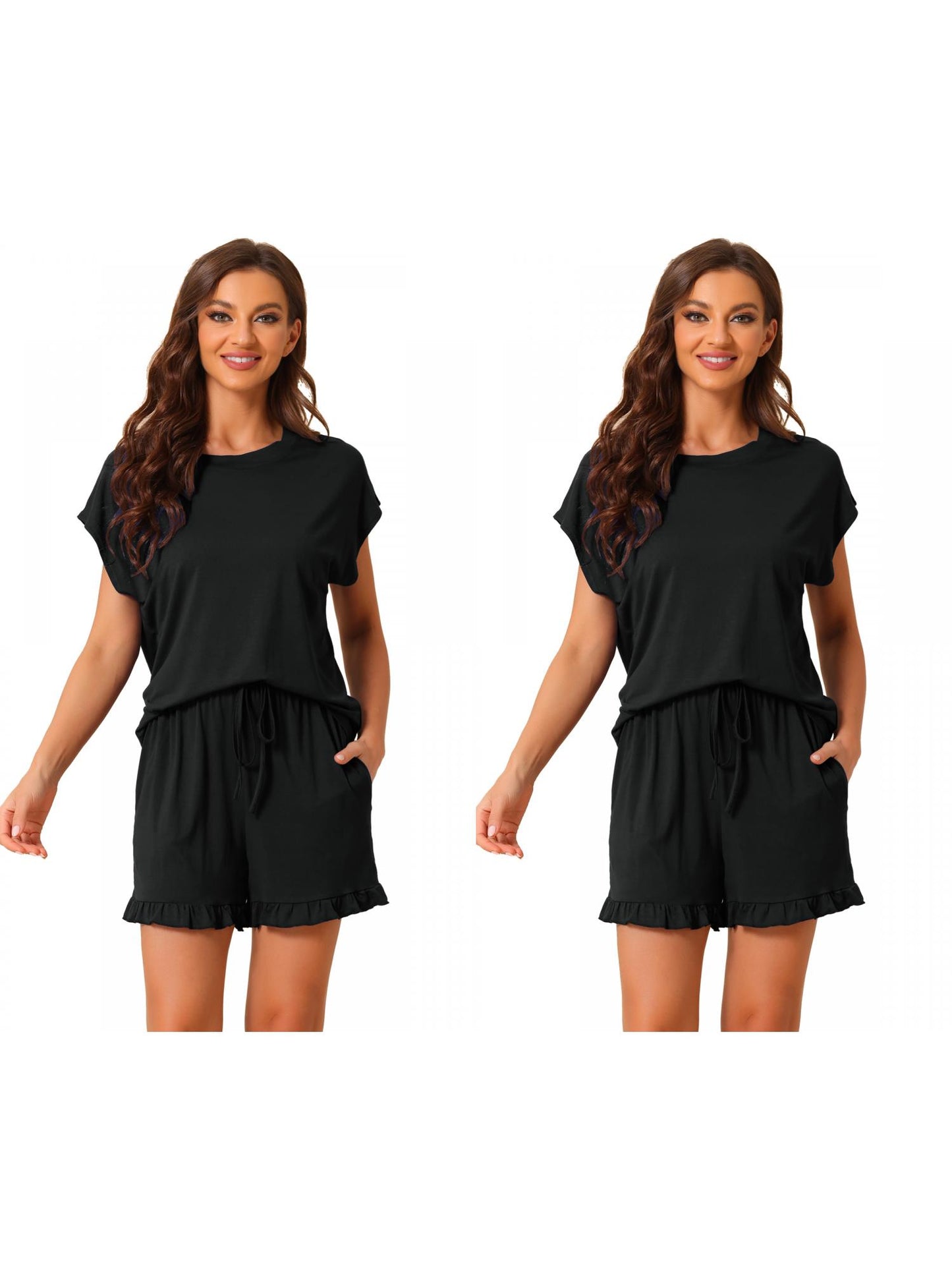 [PACK SALES] Women's 2 Pack Pajama Sets Short-Sleeve Tops with Pocket Shorts Ruffled Loungewear