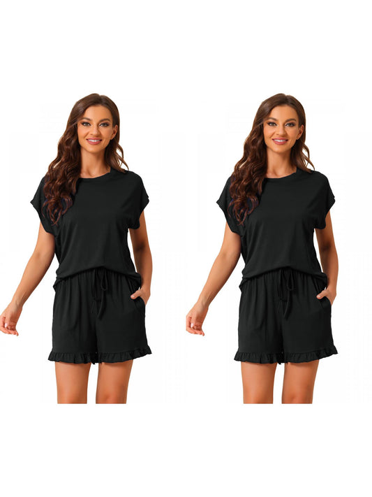 [PACK SALES] Women's 2 Pack Pajama Sets Short-Sleeve Tops with Pocket Shorts Ruffled Loungewear