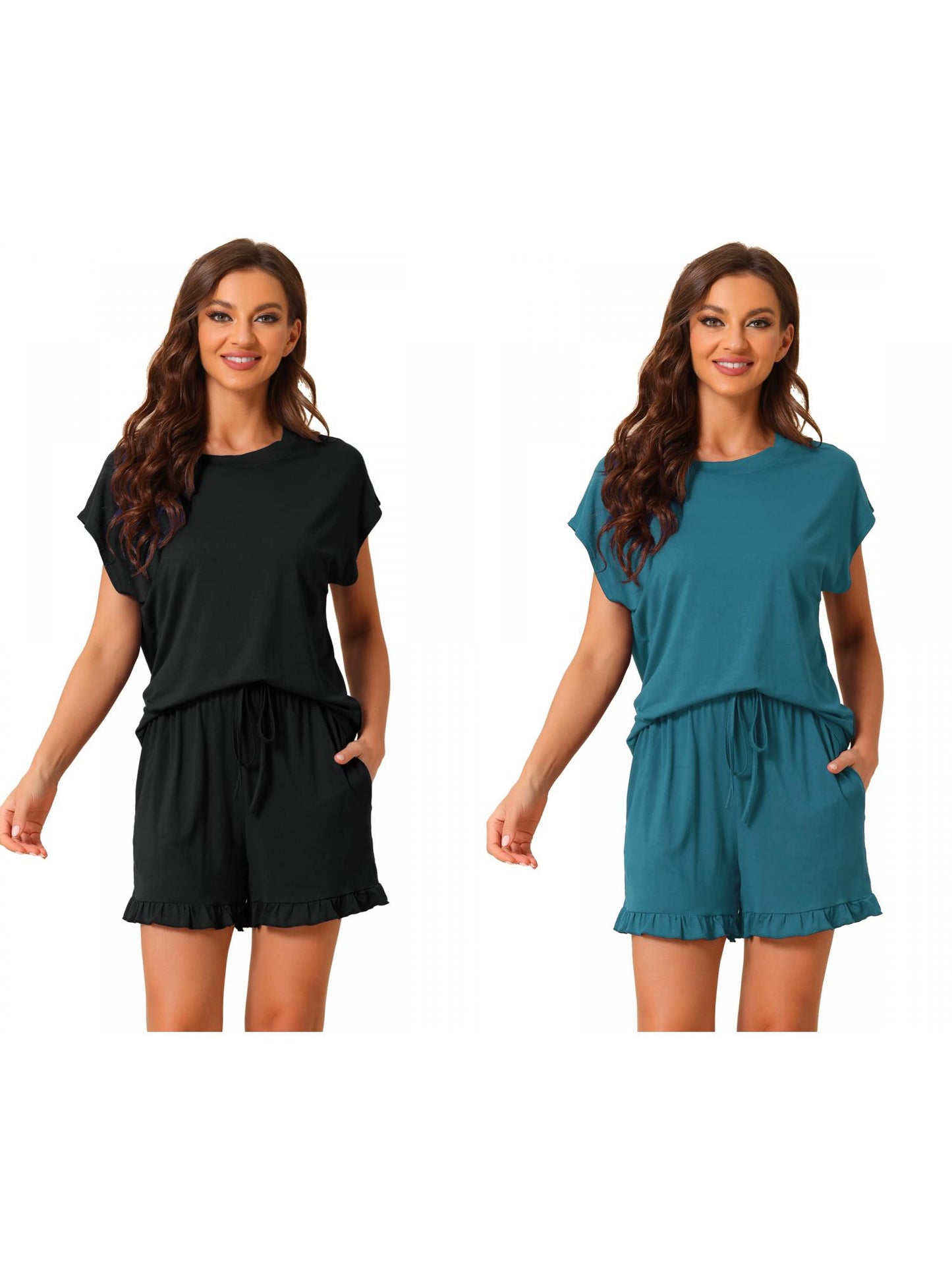 [PACK SALES] Women's 2 Pack Pajama Sets Short-Sleeve Tops with Pocket Shorts Ruffled Loungewear