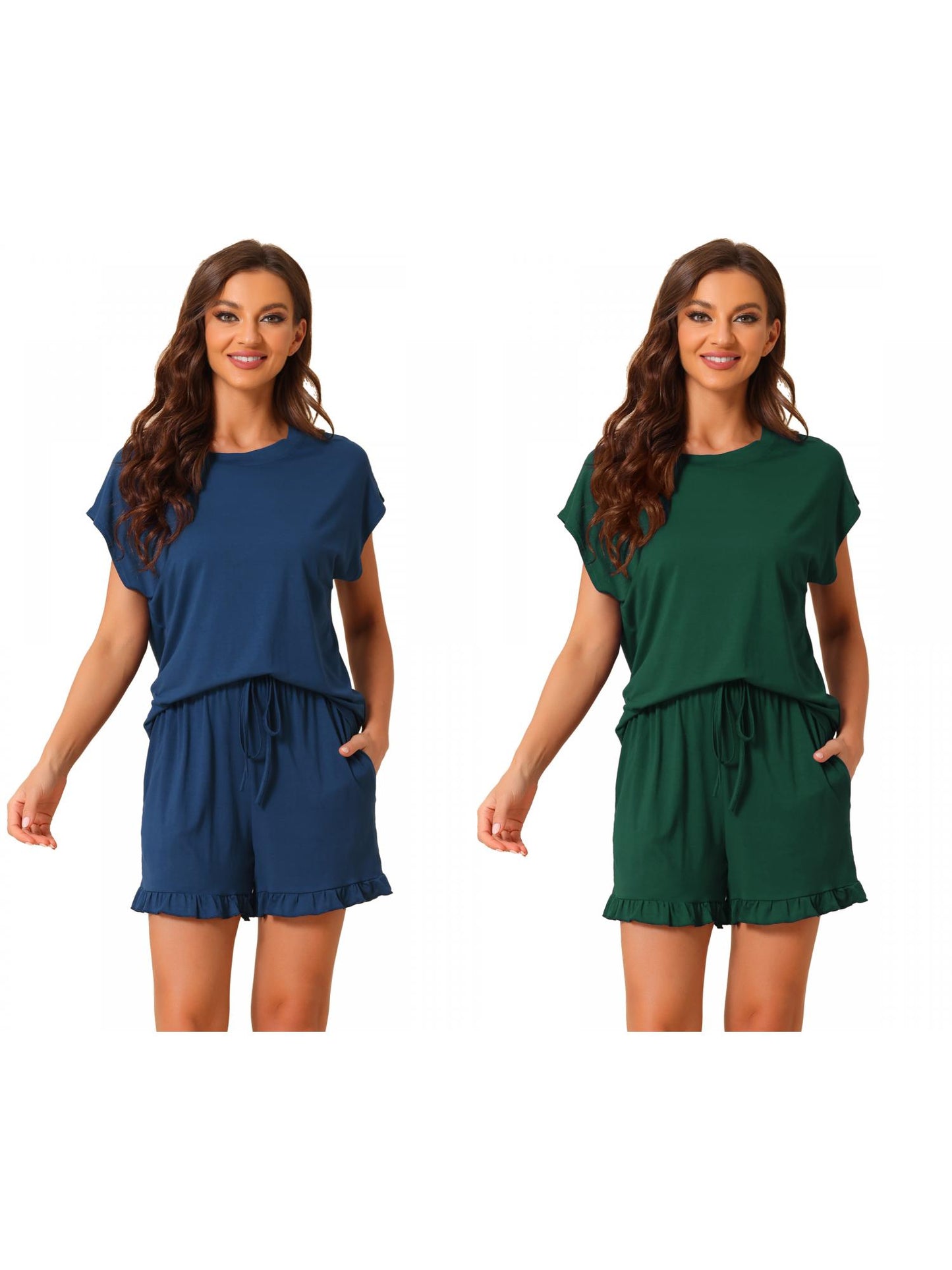 [PACK SALES] Women's 2 Pack Pajama Sets Short-Sleeve Tops with Pocket Shorts Ruffled Loungewear
