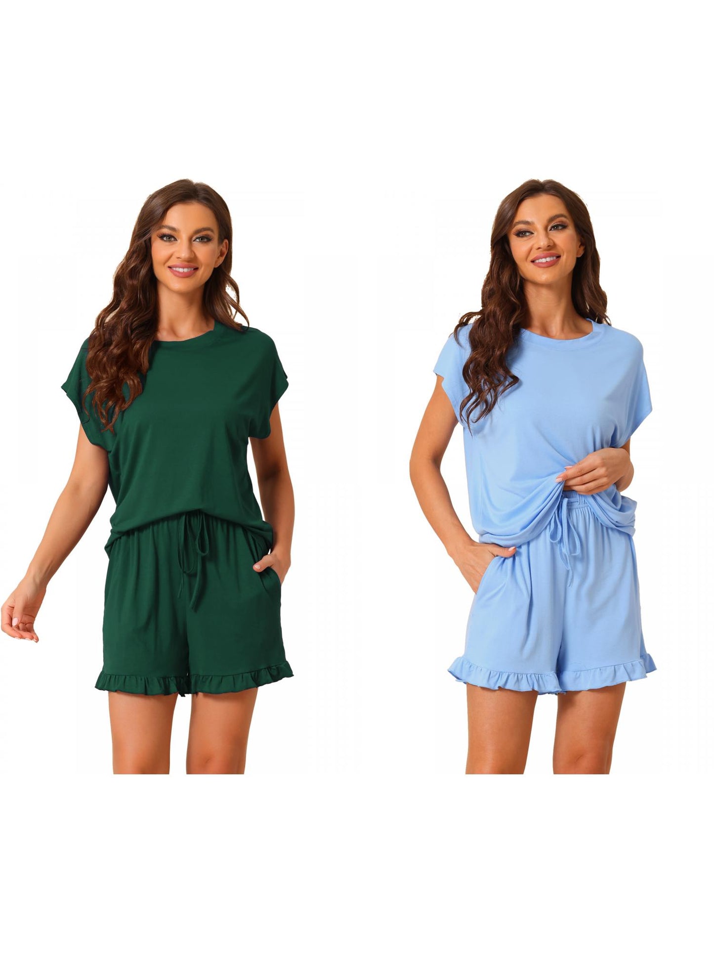 [PACK SALES] Women's 2 Pack Pajama Sets Short-Sleeve Tops with Pocket Shorts Ruffled Loungewear