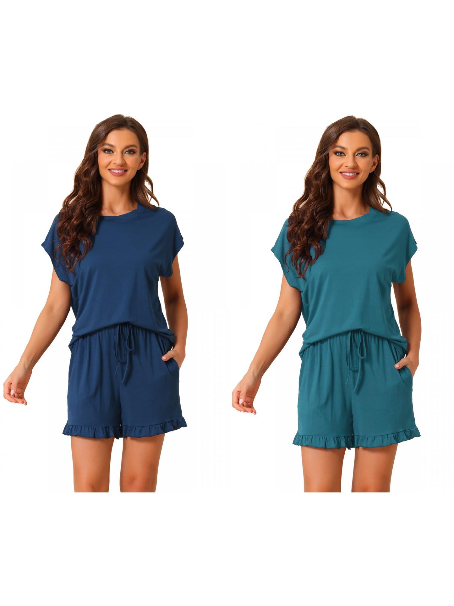 [PACK SALES] Women's 2 Pack Pajama Sets Short-Sleeve Tops with Pocket Shorts Ruffled Loungewear