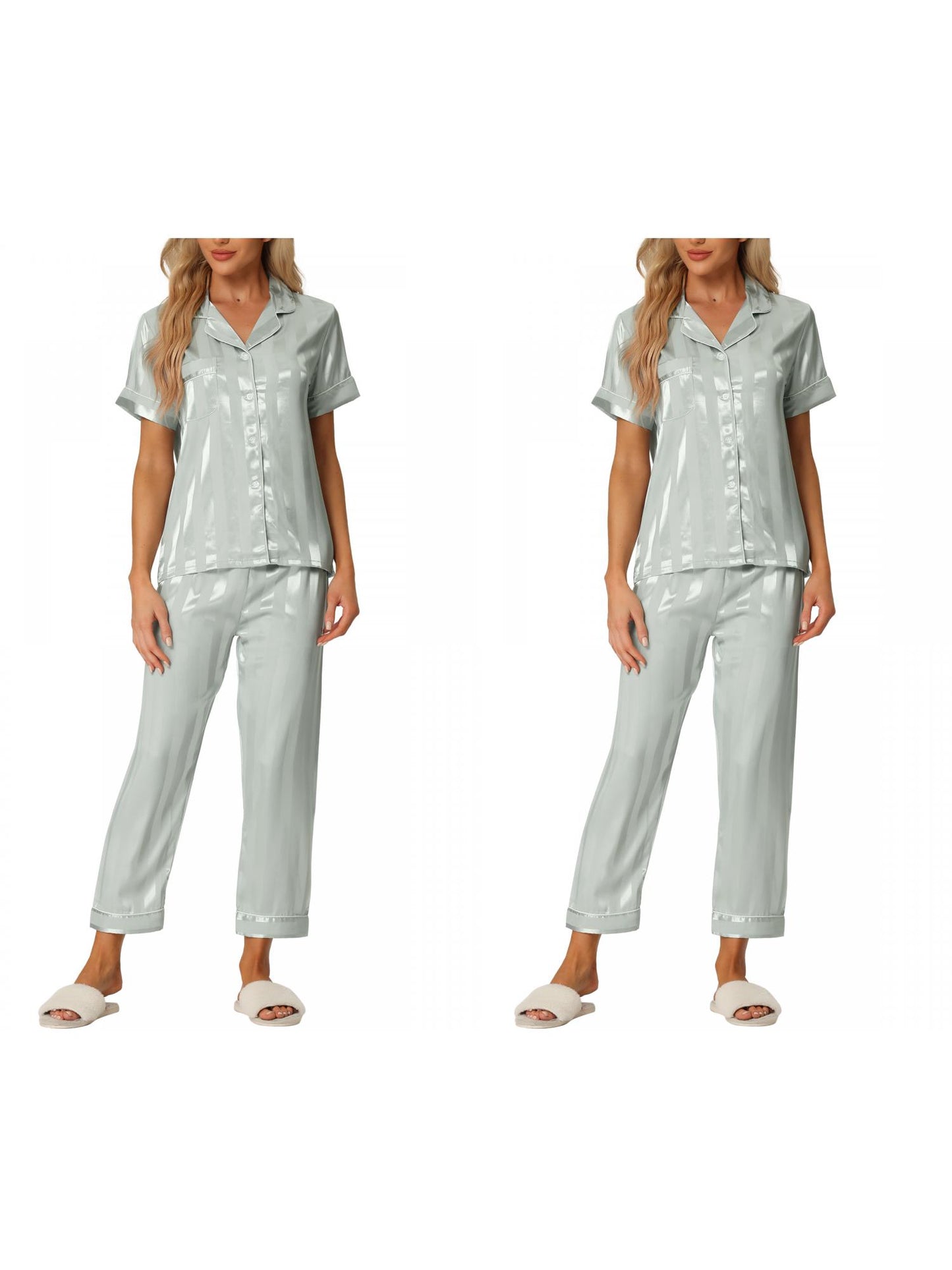 [PACK SALES] Women's 2 Sets Satin Button Down Short Sleeve Shirt with Long Pants Pajama Set