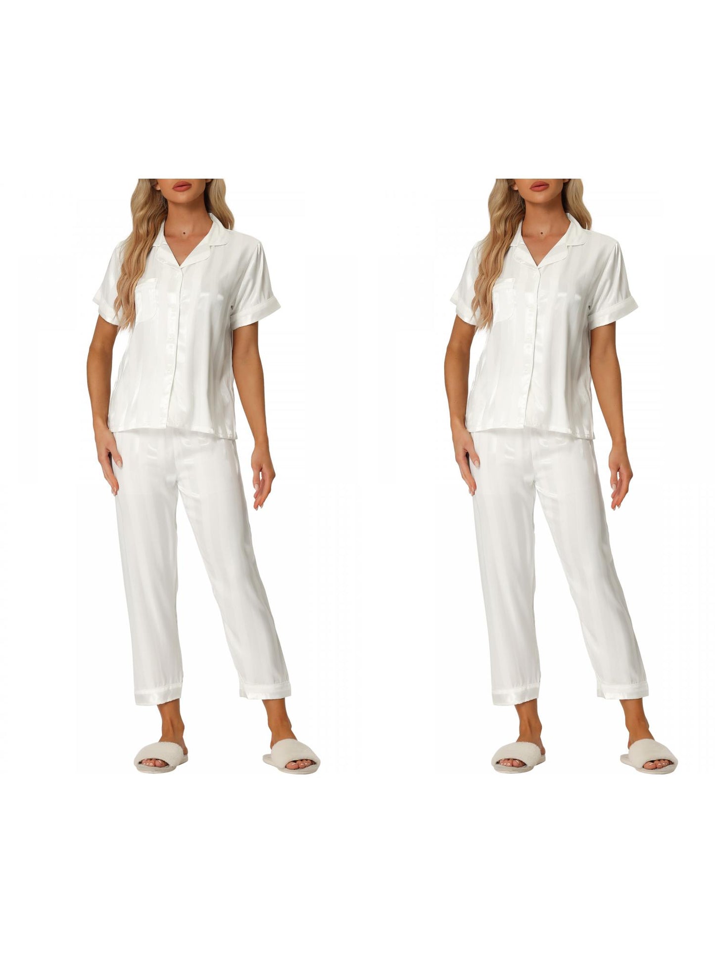 [PACK SALES] Women's 2 Sets Satin Button Down Short Sleeve Shirt with Long Pants Pajama Set
