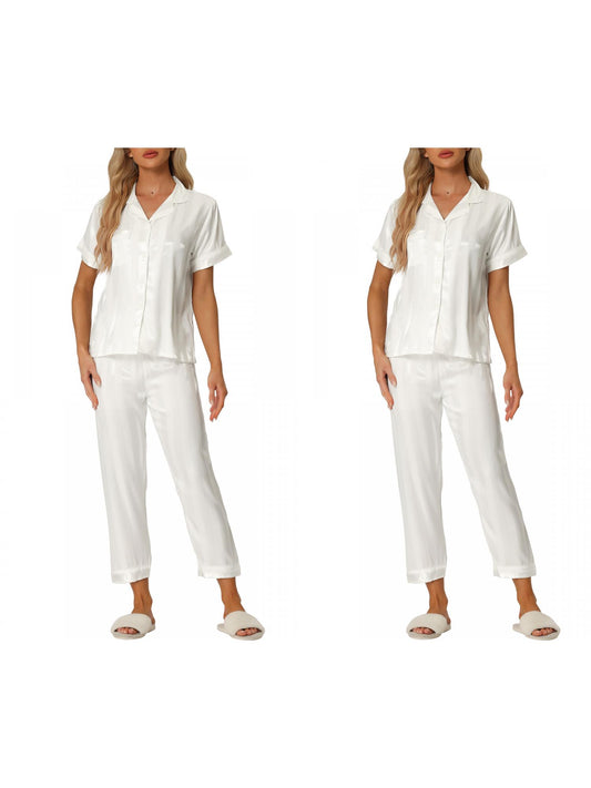 [PACK SALES] Women's 2 Sets Satin Button Down Short Sleeve Shirt with Long Pants Pajama Set