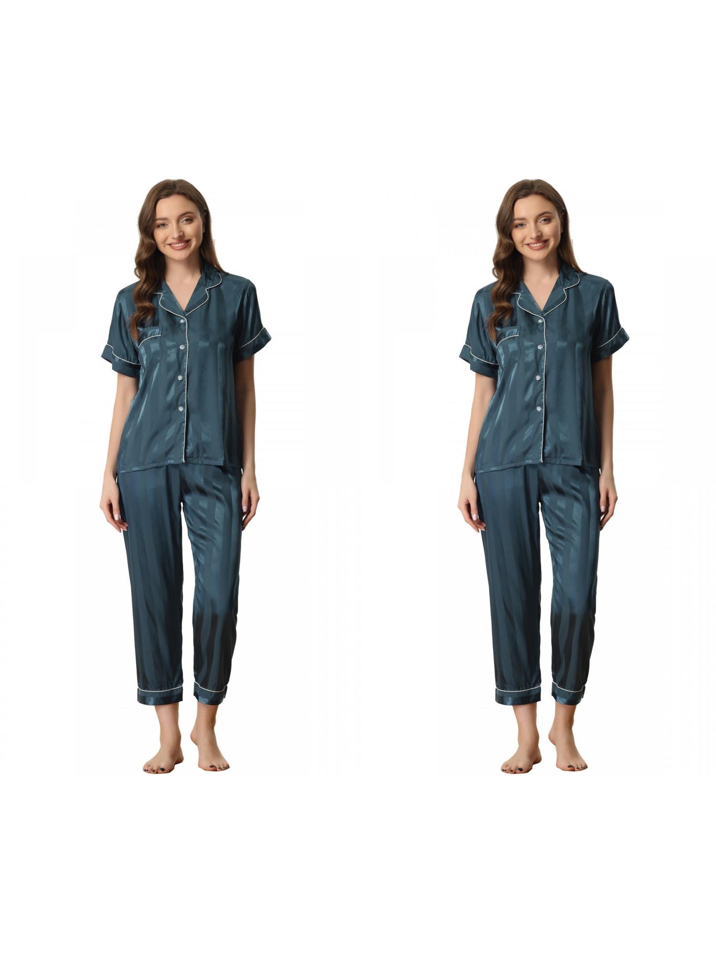 [PACK SALES] Women's 2 Sets Satin Button Down Short Sleeve Shirt with Long Pants Pajama Set