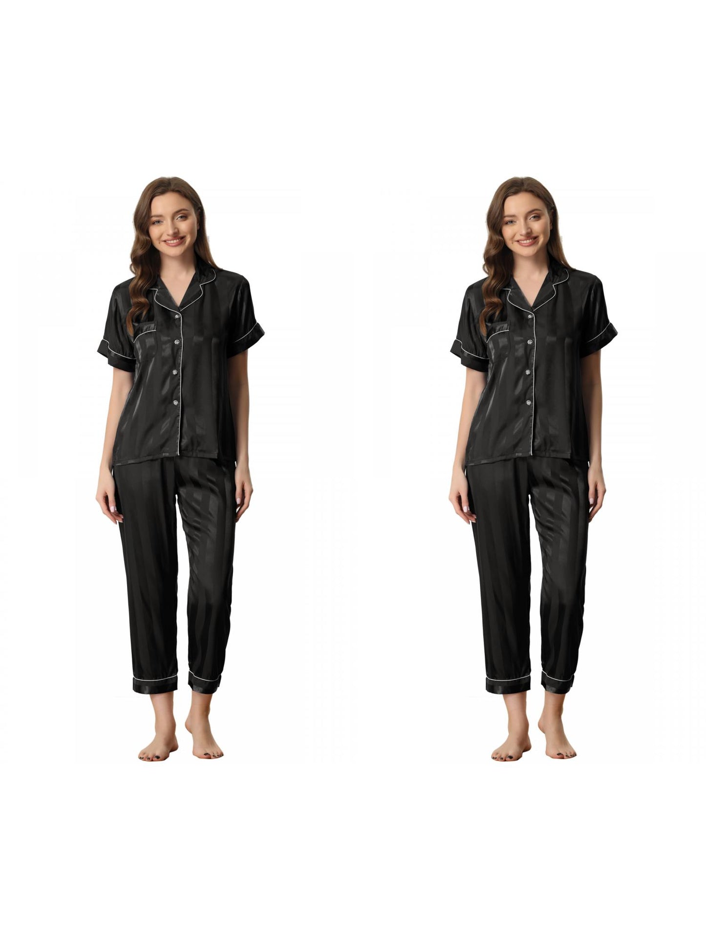 [PACK SALES] Women's 2 Sets Satin Button Down Short Sleeve Shirt with Long Pants Pajama Set