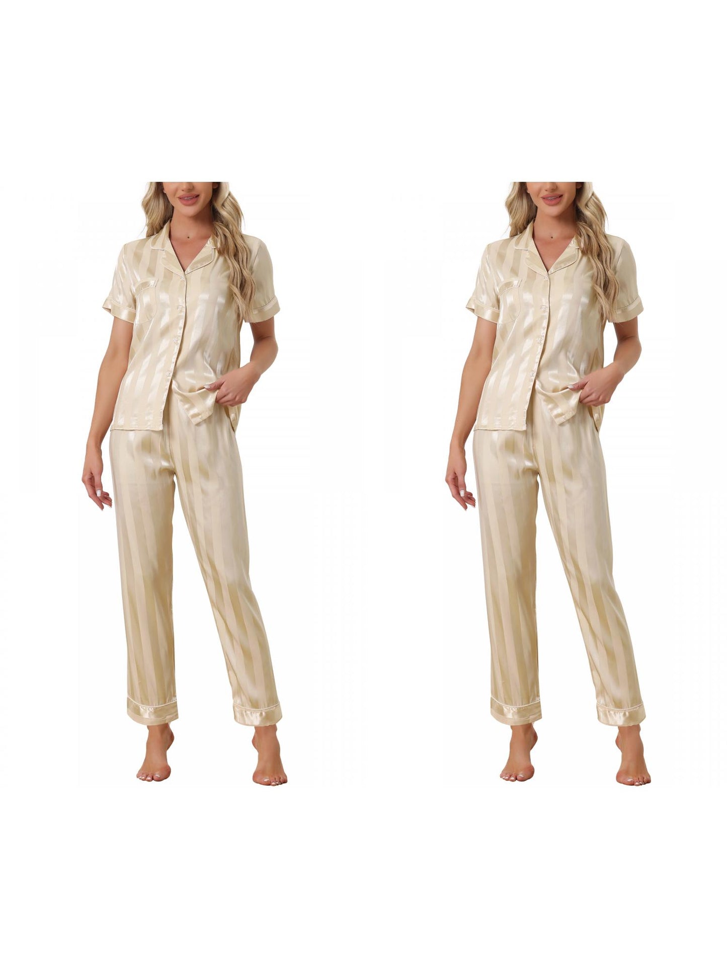 [PACK SALES] Women's 2 Sets Satin Button Down Short Sleeve Shirt with Long Pants Pajama Set