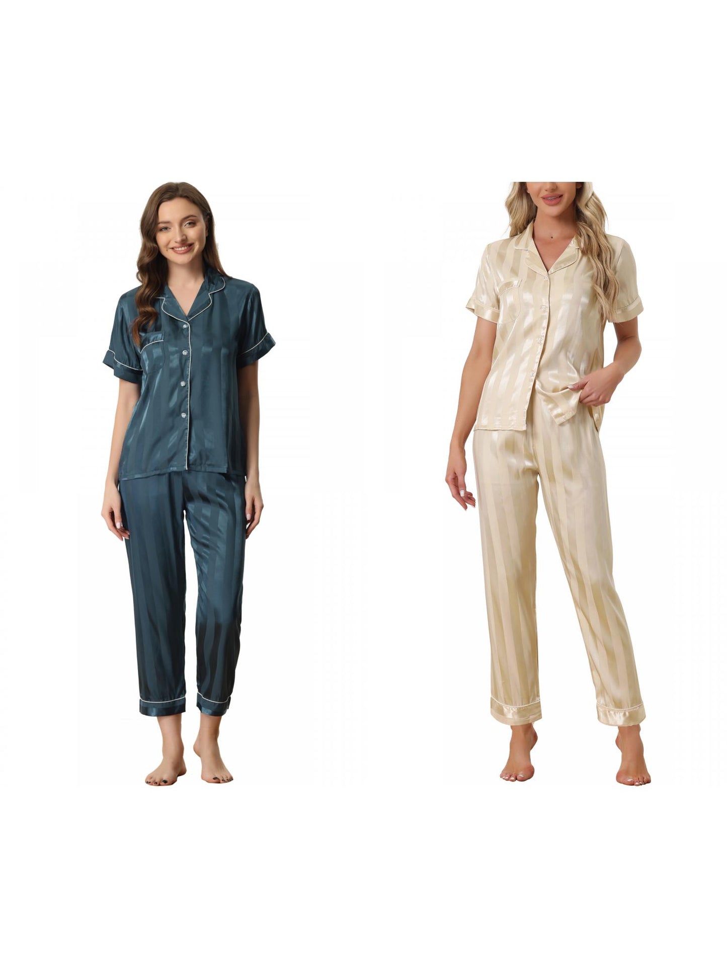 [PACK SALES] Women's 2 Sets Satin Button Down Short Sleeve Shirt with Long Pants Pajama Set